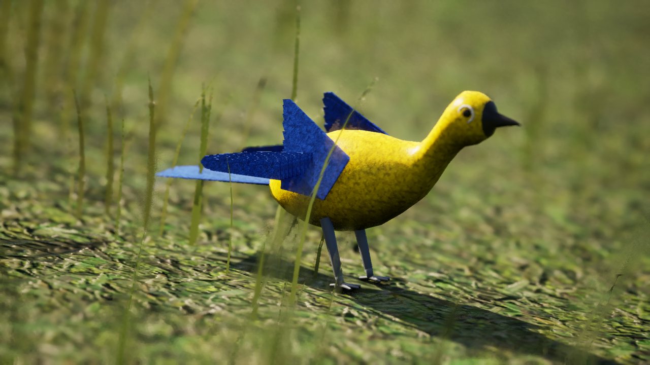A blue tit with yellow underparts and blue wings and tail standing side-on in grass.