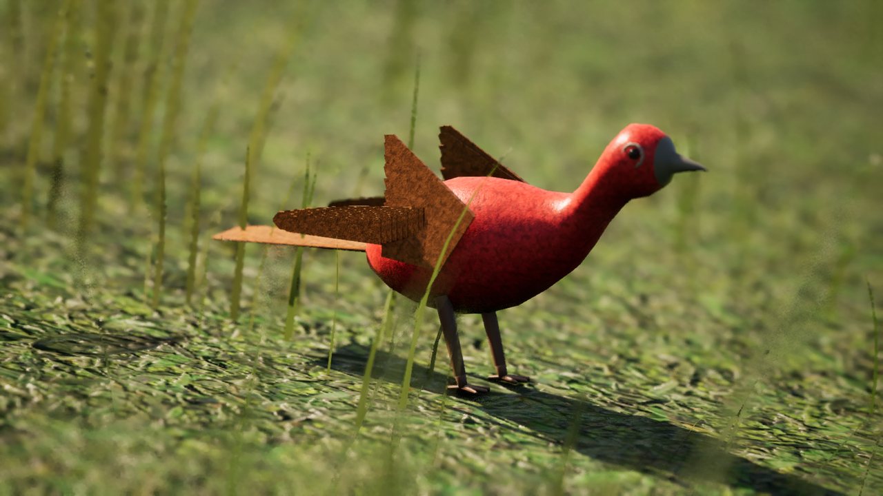 A linnet with a red breast and head and brown wings standing side-on in grass.
