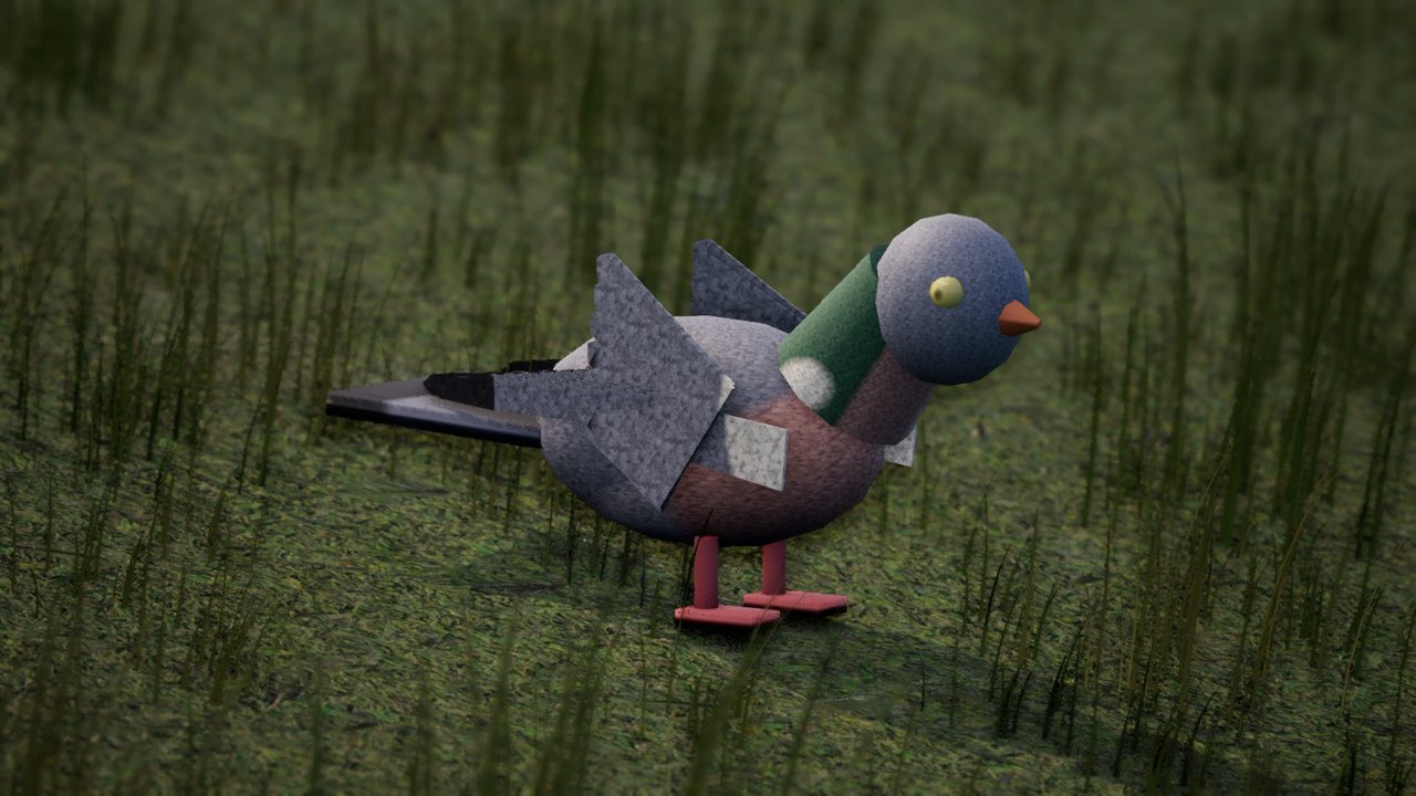 A wood pigeon standing in grass: blue-grey with a green nape, a white patch on the side of its neck, a pinkish breast, pale yellow eyes and a dark band at the end of its tail.