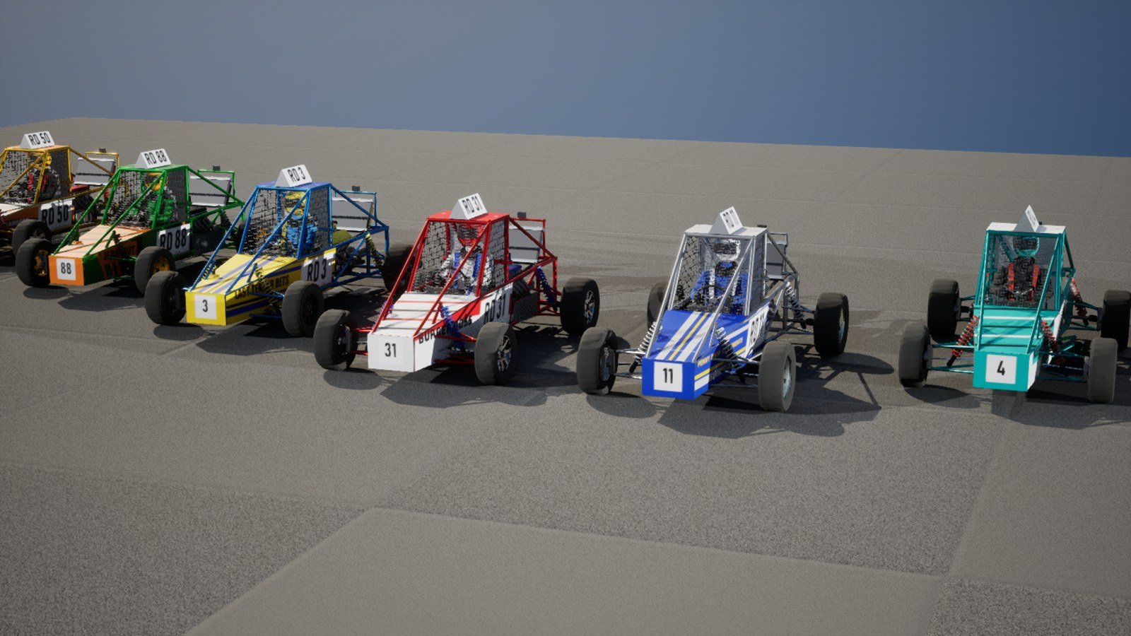Six open-framed racing buggies in a diagonal row on a grey test floor, each a tubular roll cage over four chunky off-road tyres, with a mesh window net, a helmeted driver inside and a roof board reading RD and a number. Their paint runs orange, green, yellow and blue, red and white, blue, and teal.
