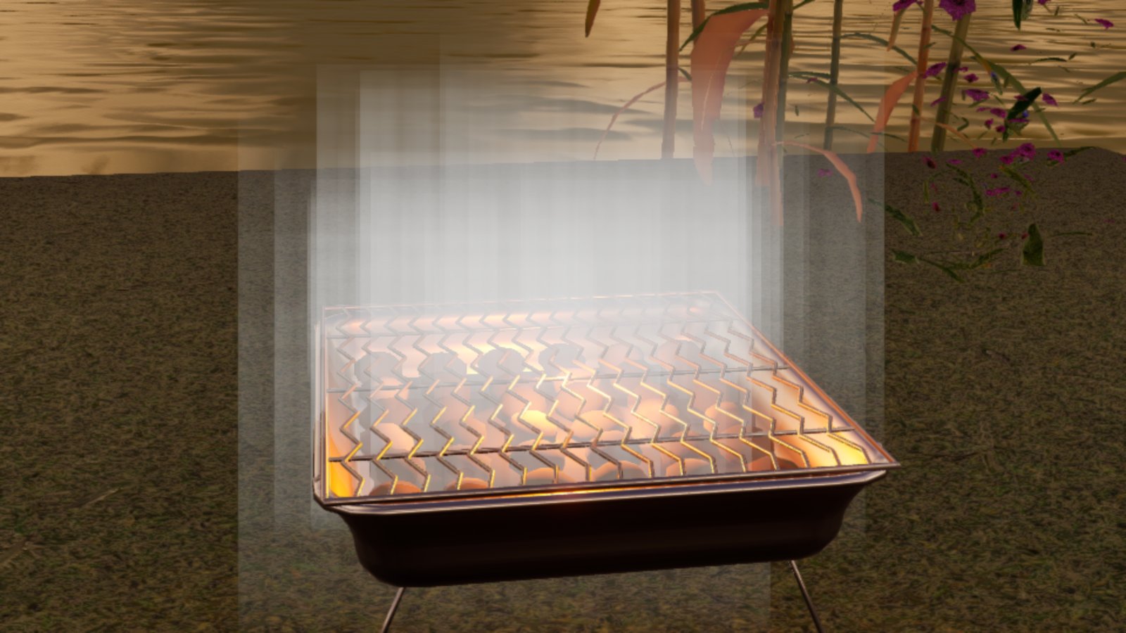 A lit disposable BBQ on the riverbank with no fish on it. Rising from the grill are flat, hard-edged vertical panels of white haze, like sheets of frosted glass, instead of smoke.