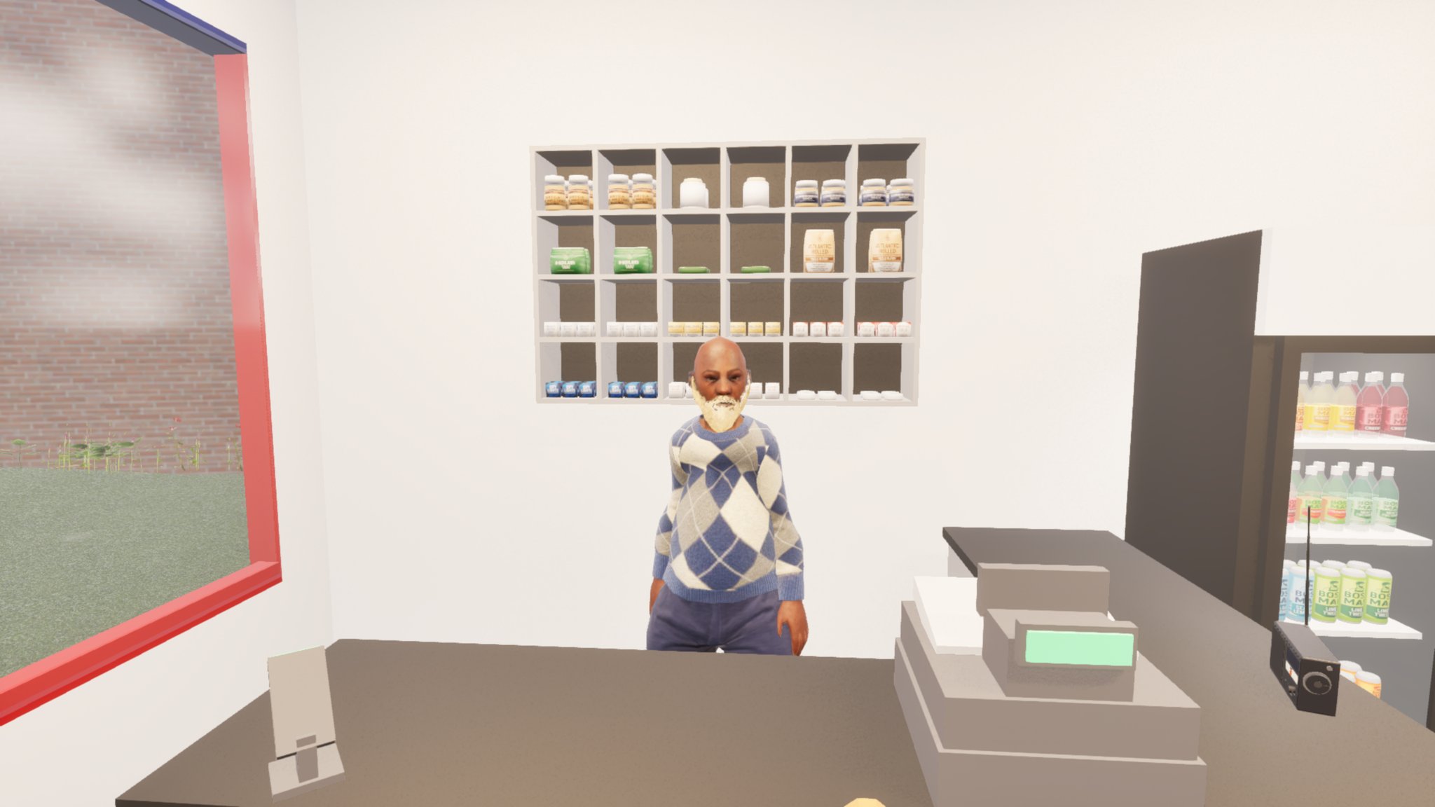 A first-person view across a corner shop counter with a till. Behind it stands an older bald man with a white beard in a blue and white argyle jumper, in front of a white wall of cubby shelves; a drinks fridge is on the right.