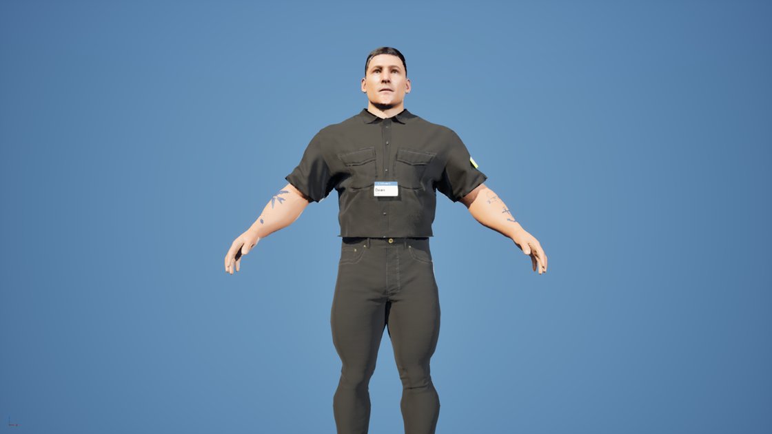 A doorman character in a dark short-sleeved shirt and jeans, arms out, with a name badge on his chest. The tattoos on both forearms show only as a few scattered blue fragments.