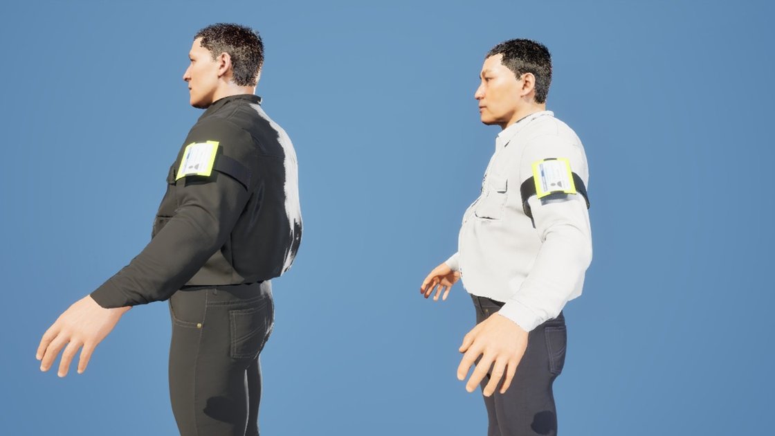 Two men in profile on a blue background, one in a black work shirt and one in a white one, each wearing a black band round the upper left arm holding a clear licence holder with a yellow border.