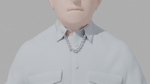 The same render with the chain re-routed to sit close round the collar, its ends tucked under the shirt collar.