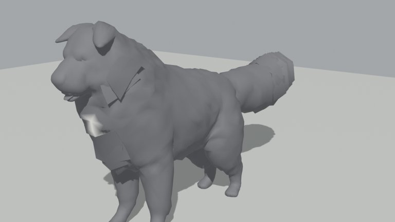 A grey untextured model of a big shaggy dog with a thick ruff and a curled tail, standing on a plain grey floor, seen from the front quarter.