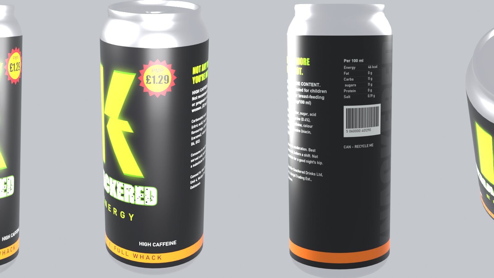 Four renders of the same black energy drink can on a grey background: front, three-quarter, back and from above. A large neon-lime K whose arms form a lightning bolt sits over a white distressed wordmark reading KNACKERED and the word ENERGY, with an orange band at the base, a red starburst price mark reading 1.29 pounds, and nutrition text and a barcode on the back.