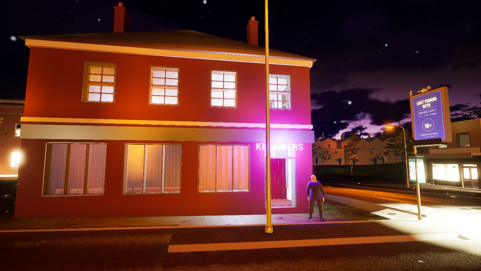A two-storey red-brick building on a street corner at night, its downstairs windows lit warm orange and a pink neon sign reading KNOCKERS over the open front door, where a bald doorman in a dark jumper stands on the pavement. A street lamp and the lit sign of a bookmaker's are on the right.