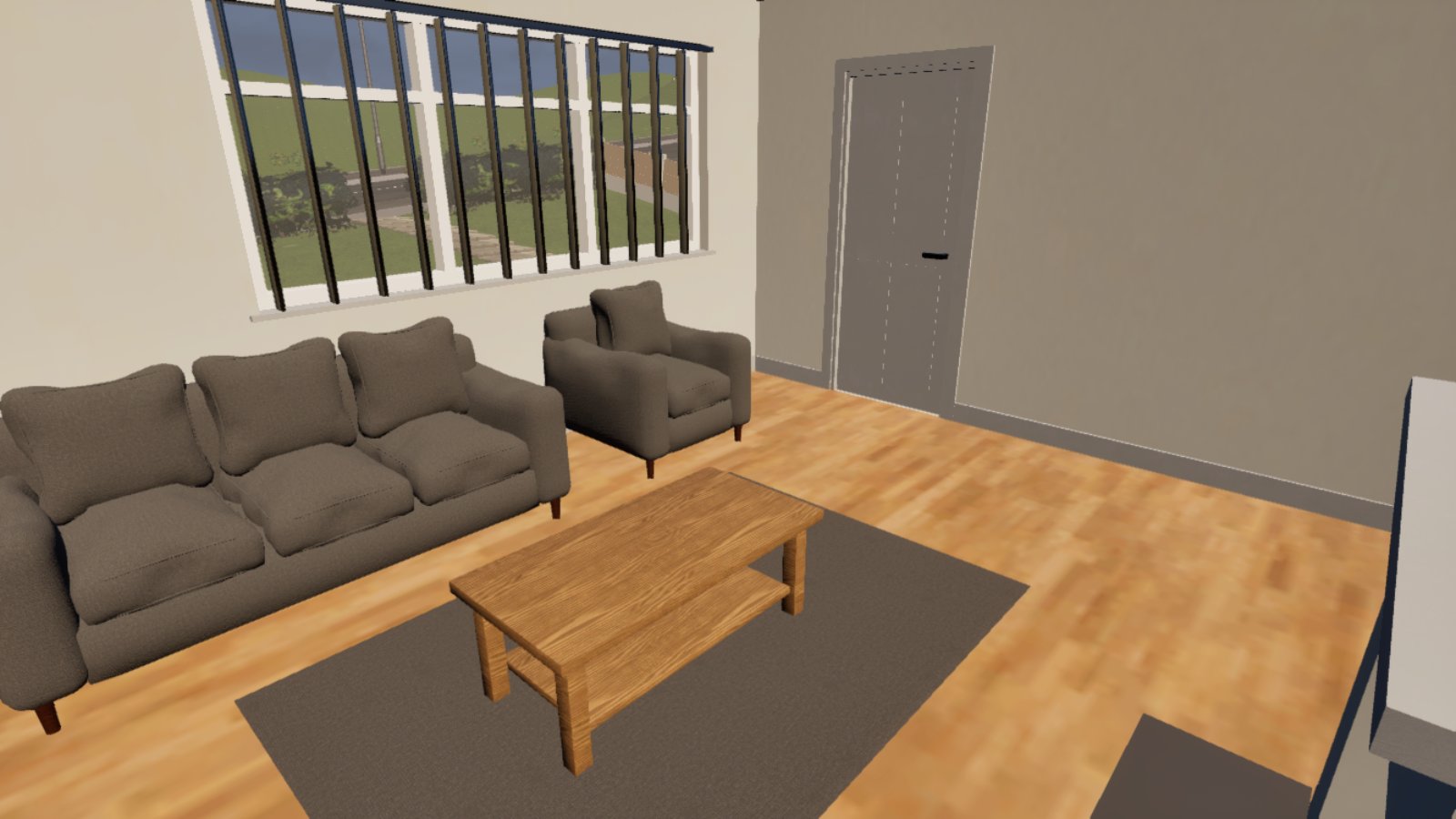 The inside of a living room: a grey three-seat sofa and armchair, a wooden coffee table on a grey rug, and a pale wooden floor running clean to the skirting. A wide window looks out over a front garden and a path to the pavement; a grey door stands closed in the far wall.