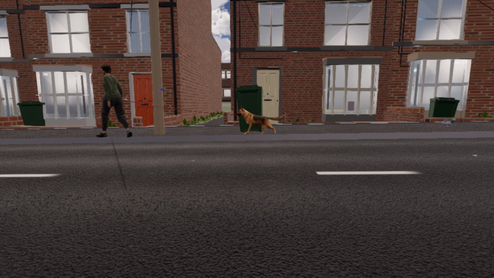 Side-on from the far kerb of a terraced street: a woman in an olive jumper and dark trousers walks left along the pavement, and a German Shepherd follows a few metres behind her on a thin red lead, one front leg lifted mid-stride, past a green wheelie bin and a cream front door.