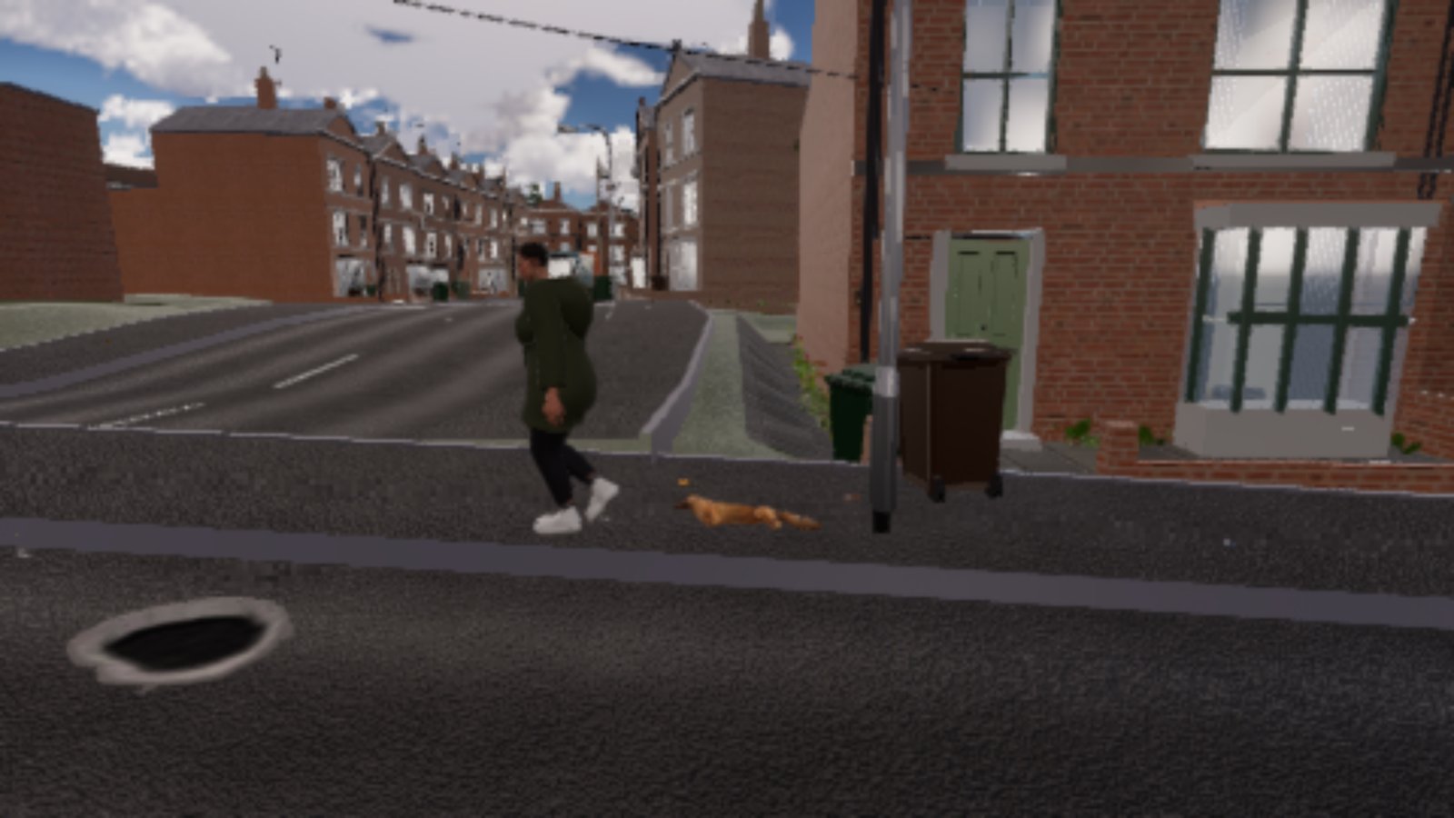 A woman in a dark green parka, black joggers and white trainers walks along a terraced street pavement. Beside her on the tarmac a German Shepherd lies flat on its side, legs out, as if dropped there, next to a lamp post and a brown wheelie bin, with a drain in the road in the foreground.