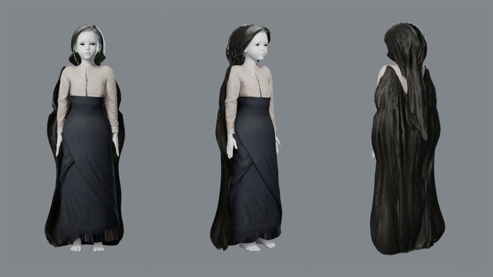 Three views of a small barefoot girl on a plain grey background: front, three-quarter and back. She has grey-white skin, all-black eyes and long dark hair, and wears a cream long-sleeved blouse over a long blue-grey skirt, under a black hooded cape that hangs to the ground behind her.