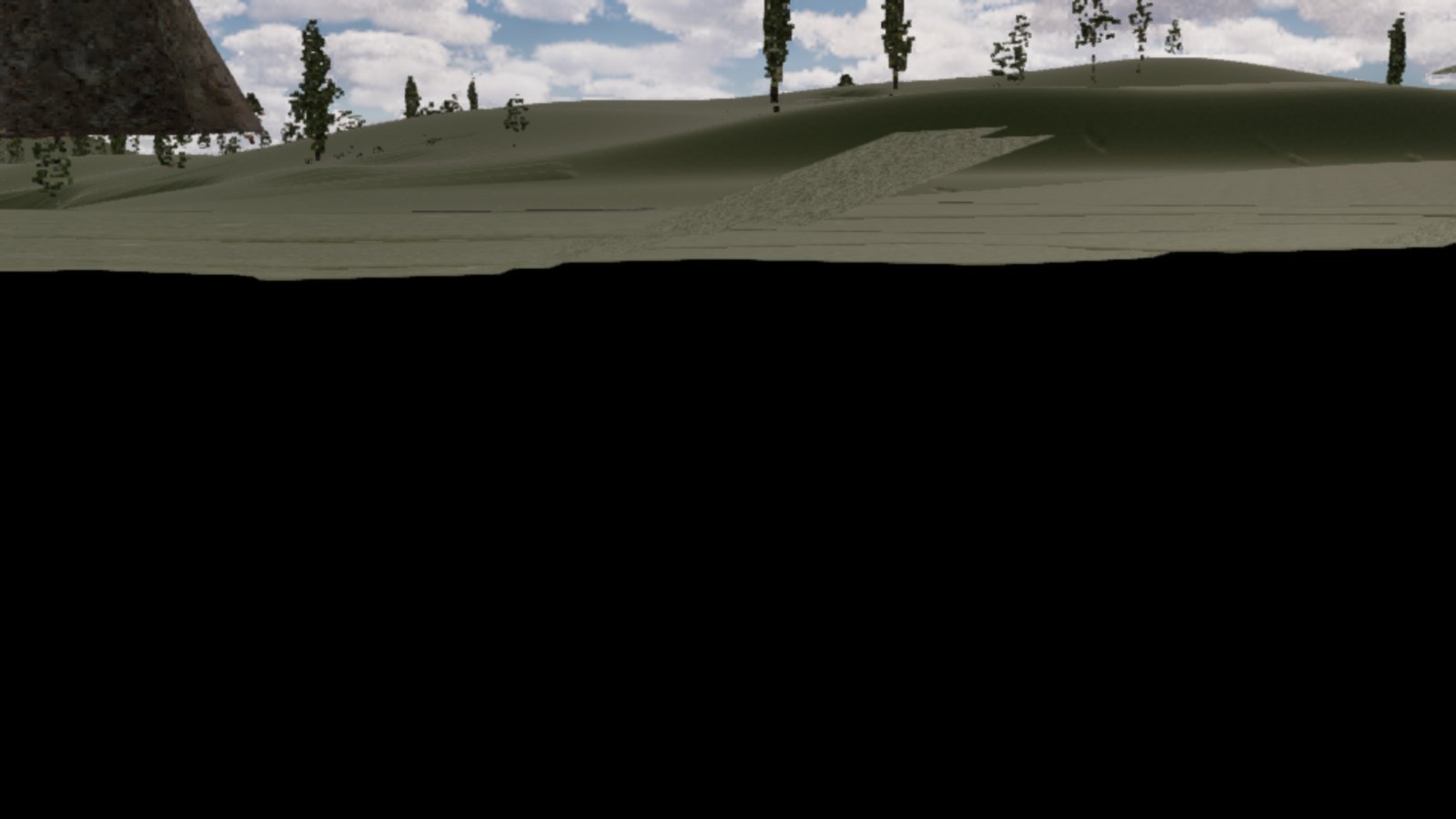 A game frame cut in half: grassy hills, poplars and a cloudy sky across the top third, and solid black below a ragged horizontal edge where the camera sits inside the ground.