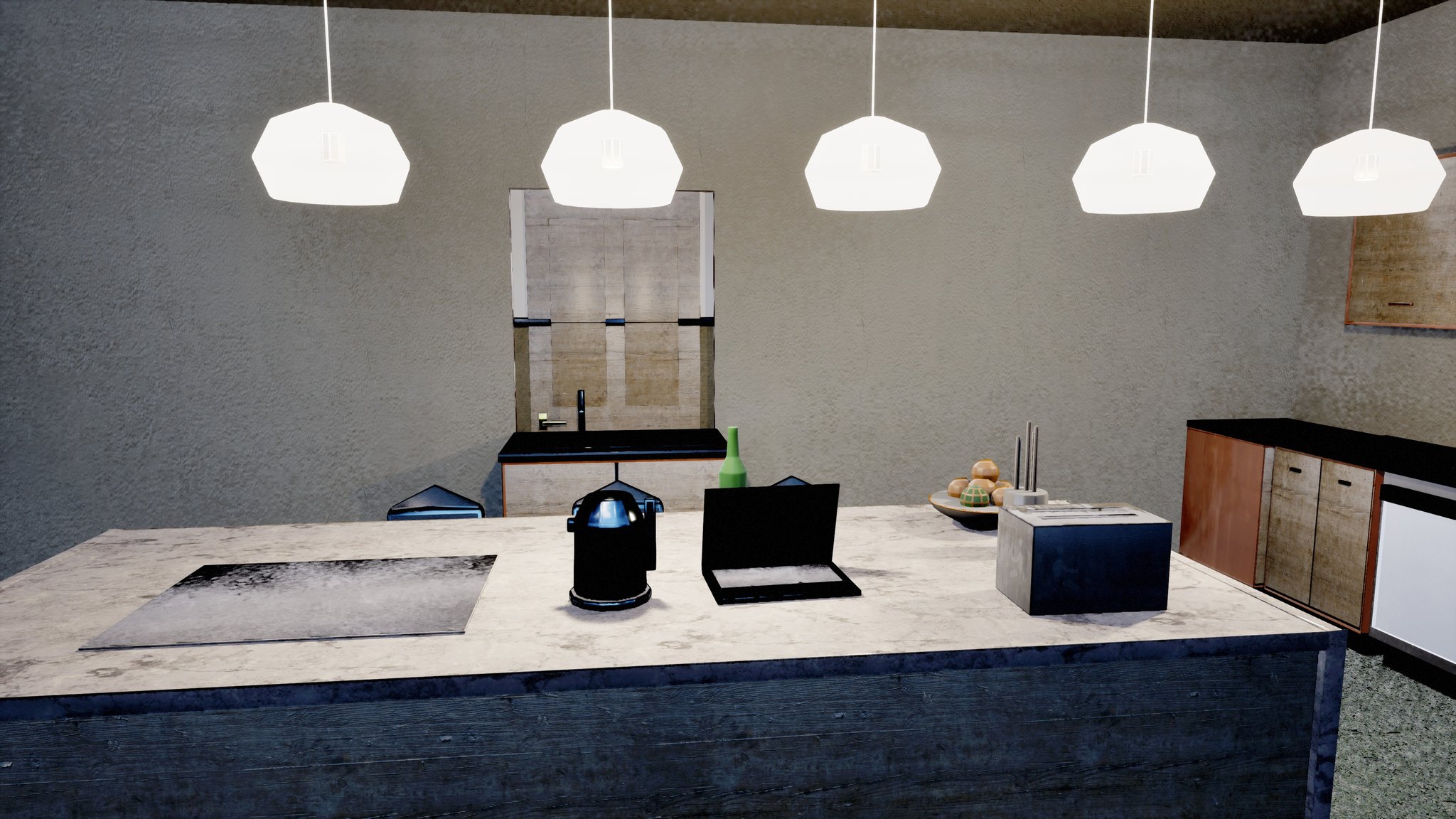 A kitchen island with a stone worktop, a hob, a kettle, a laptop and a toaster under five white pendant lights, a sink under the window behind. At the bottom right the floor beside the units is speckled grey carpet rather than tiles.