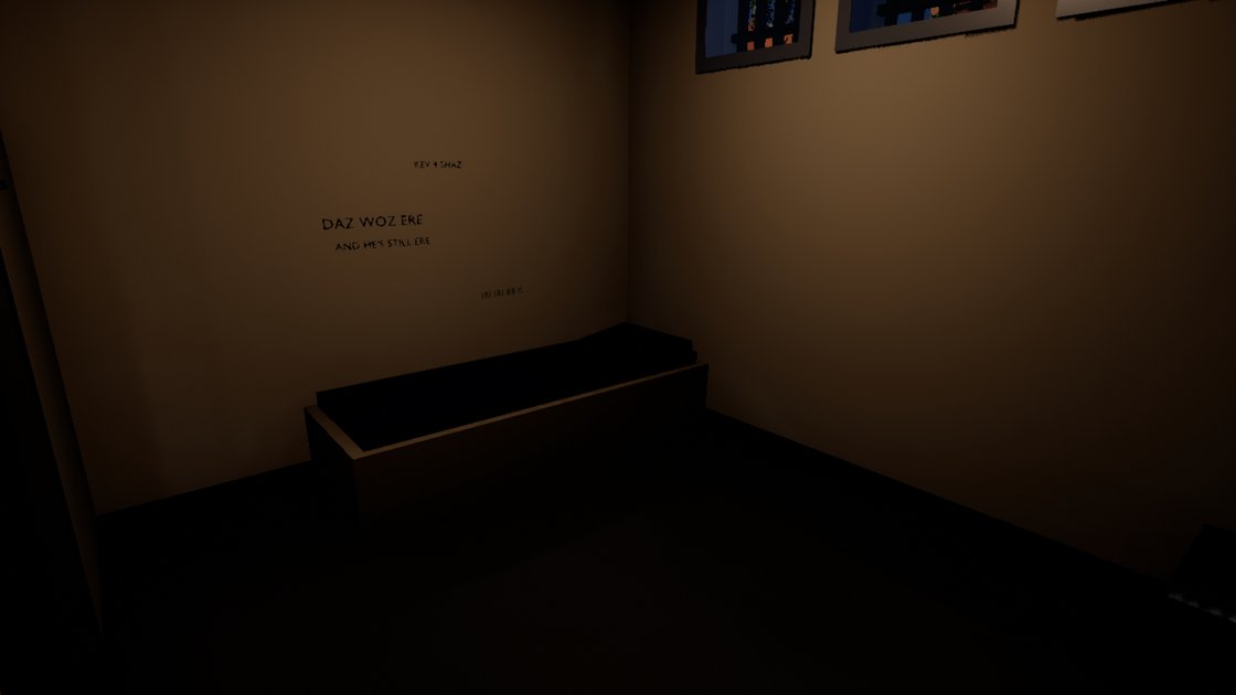 The inside of a dimly lit police cell: a low bench with a dark mattress against the far wall, a bare floor, and pencilled graffiti on the wall above the bench reading DAZ WOZ ERE, with smaller scrawls and a row of tally marks beside it.