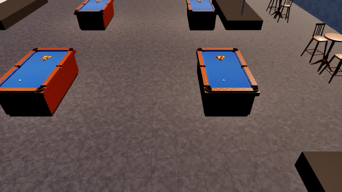 Looking down on the floor of a snooker hall: two blue-clothed pool tables with wooden cushions and racked balls, the edges of two more at the top of the frame, and bar stools by a counter on the right.