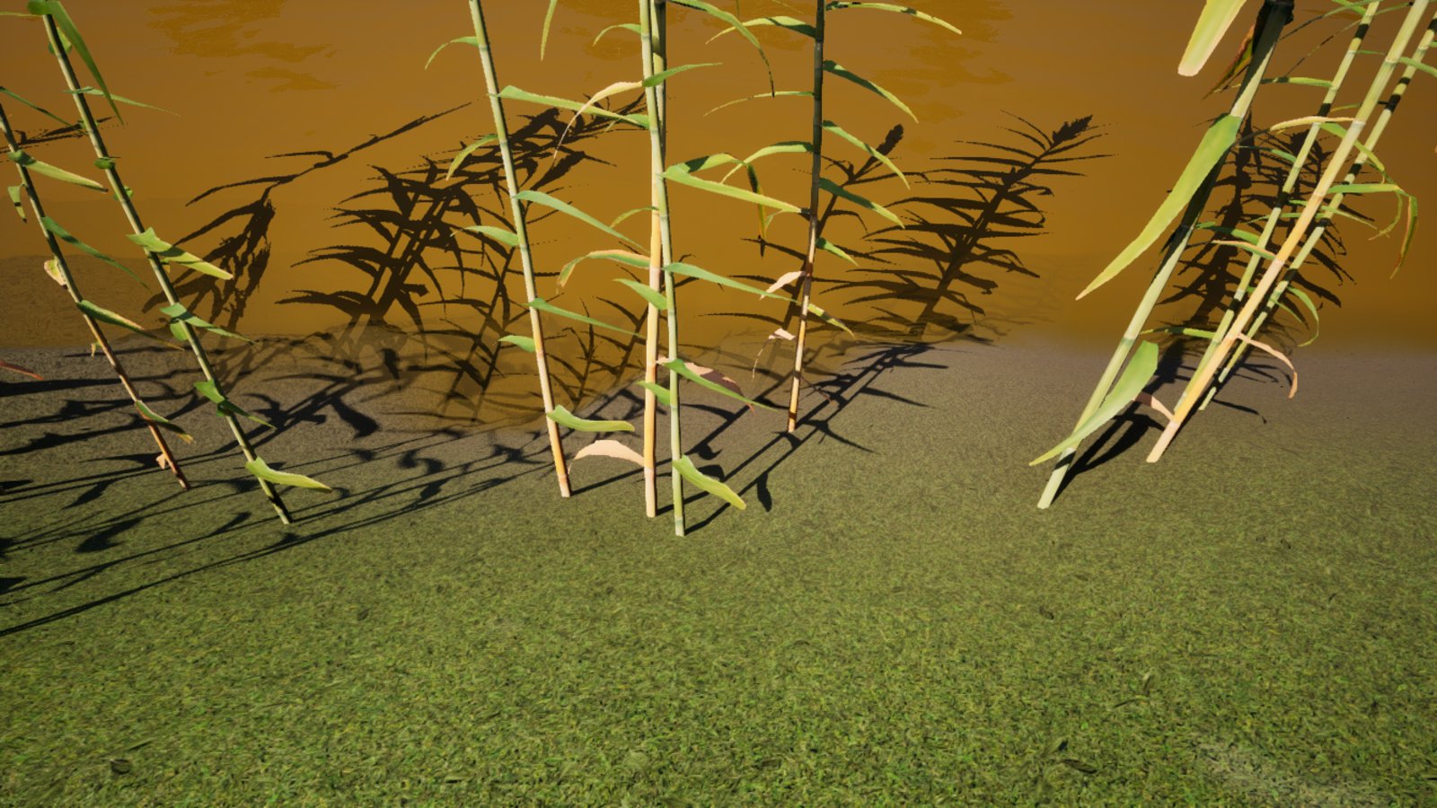 The same riverbank with reeds, the water now a strong amber-orange with a little ripple detail near the edge and reed shadows lying across it.