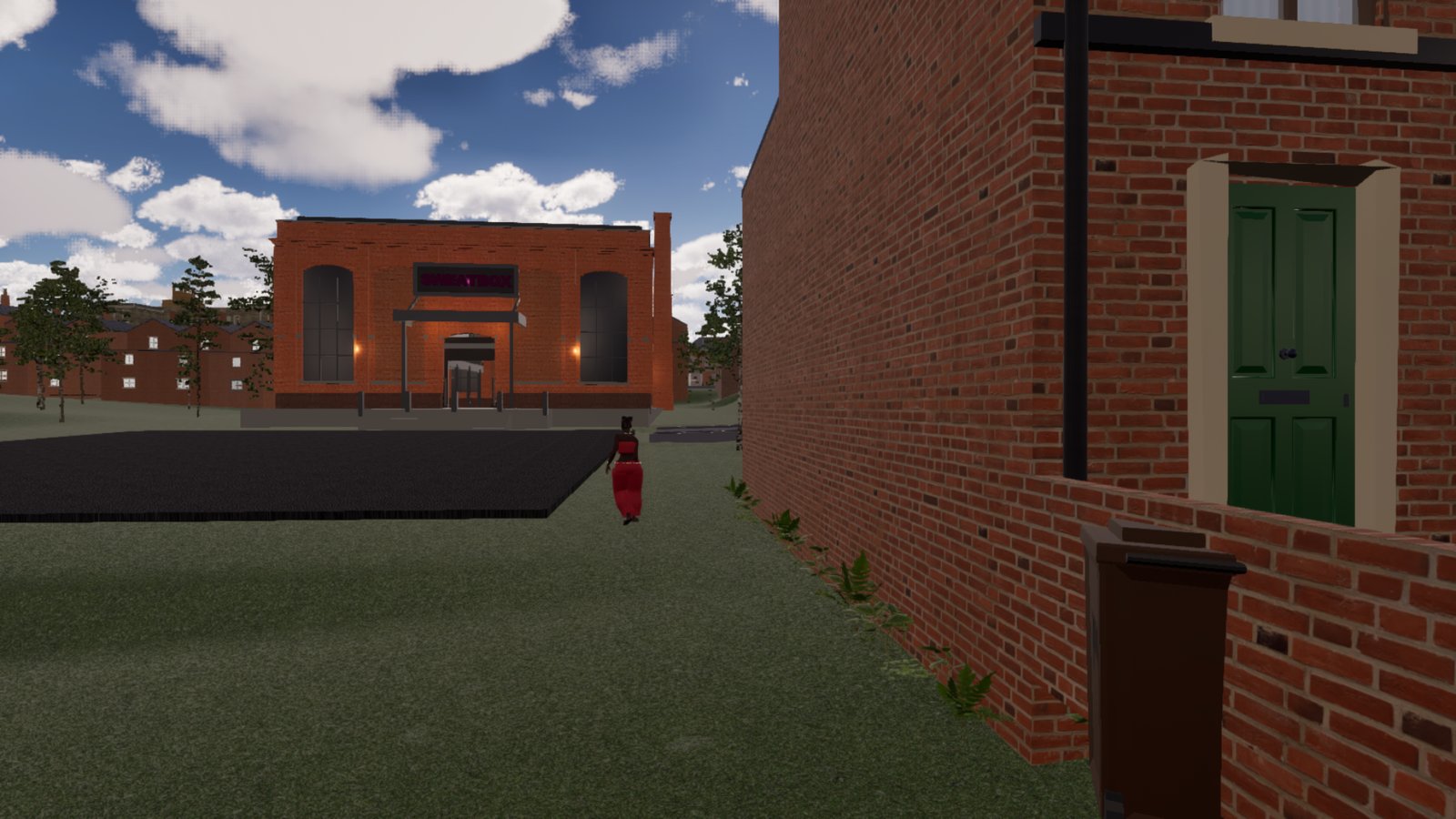 A woman in red baggy trousers and a red top walks away from the camera along a strip of grass beside a red-brick terrace, towards a brick warehouse nightclub with a purple sign over its doors, under a blue sky with white clouds.