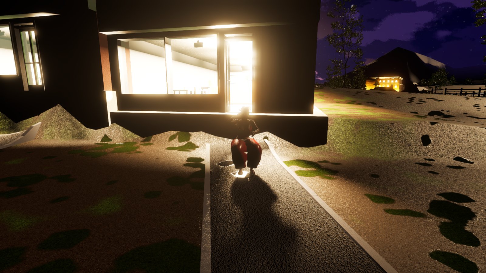 Night, outside a brightly lit shopfront. A woman in red trousers is crouched low on the path in front of the window as if sitting on a chair, but there is no seat under her, only gravel and grass.