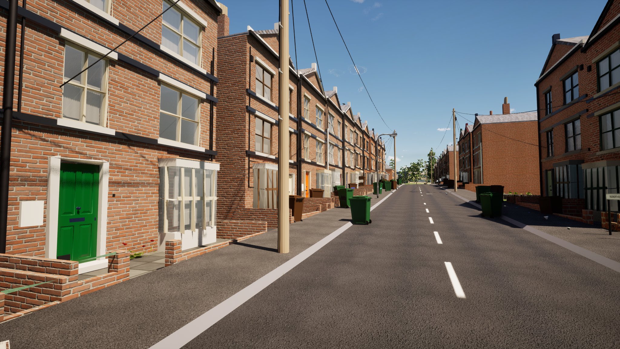 A red-brick terraced street at midday under a clear, deep blue sky that pales towards the horizon. A green front door and white bay windows on the left, green wheelie bins along the pavement, a telegraph pole with cables, and the road running straight away with white centre markings.
