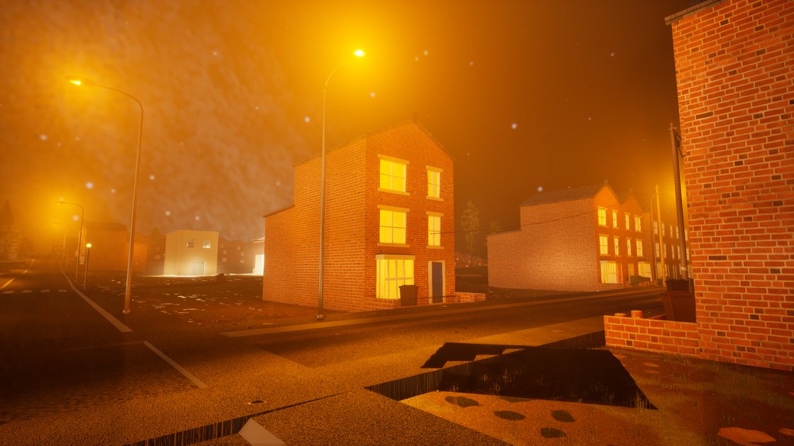 A terraced street at night under sodium streetlamps, the lamp glow diffusing through haze, lit windows and wet tarmac.
