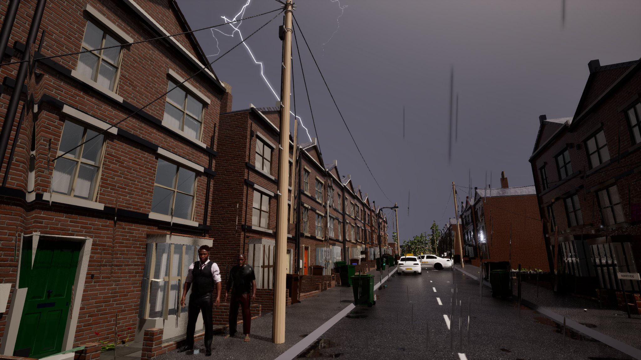 A long red-brick terraced street under a dark storm sky, looking down the road. A forked lightning bolt comes down behind the roofs on the left, beside a wooden telegraph pole with cables. Two men stand on the wet pavement in the foreground, one in a waistcoat and white shirt, one in a dark tee. Wheelie bins line the kerb and two white cars are parked in the distance.