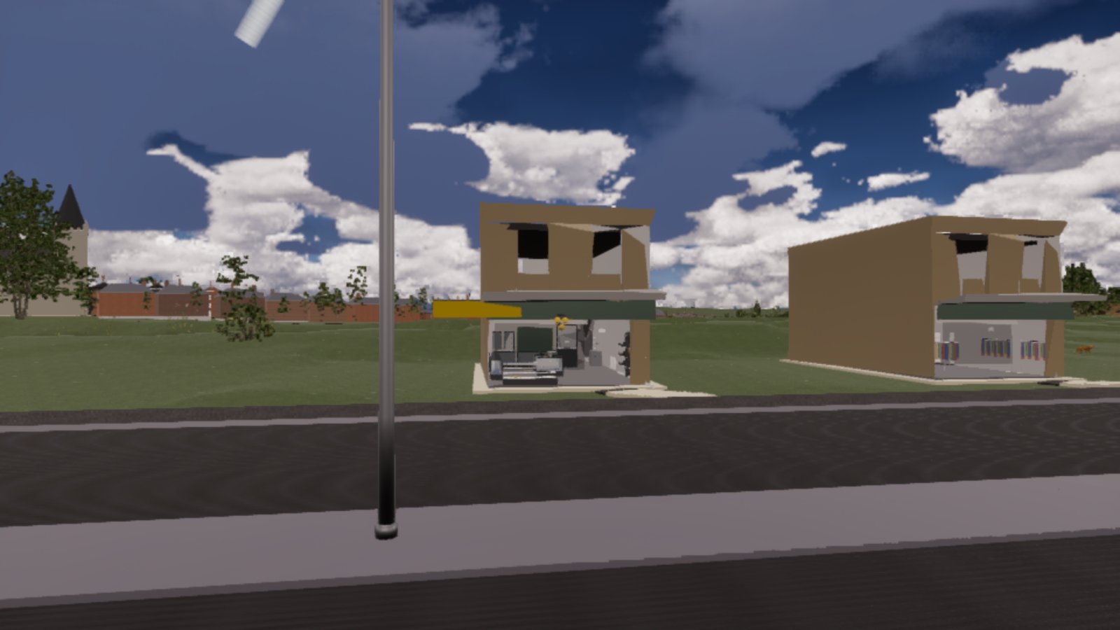 A daylight street view of two low, flat-coloured box buildings with crude shopfronts across a road: simplified distant stand-ins rather than the real buildings.