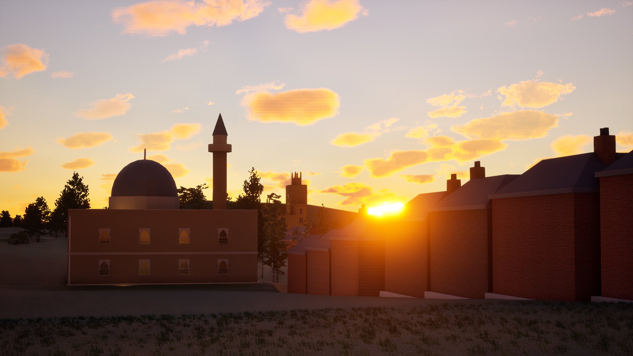 A mosque with a dome and a minaret beside a row of brick terraced houses at sunset. The sun sits low between the roofs and a church tower, under gold clouds.