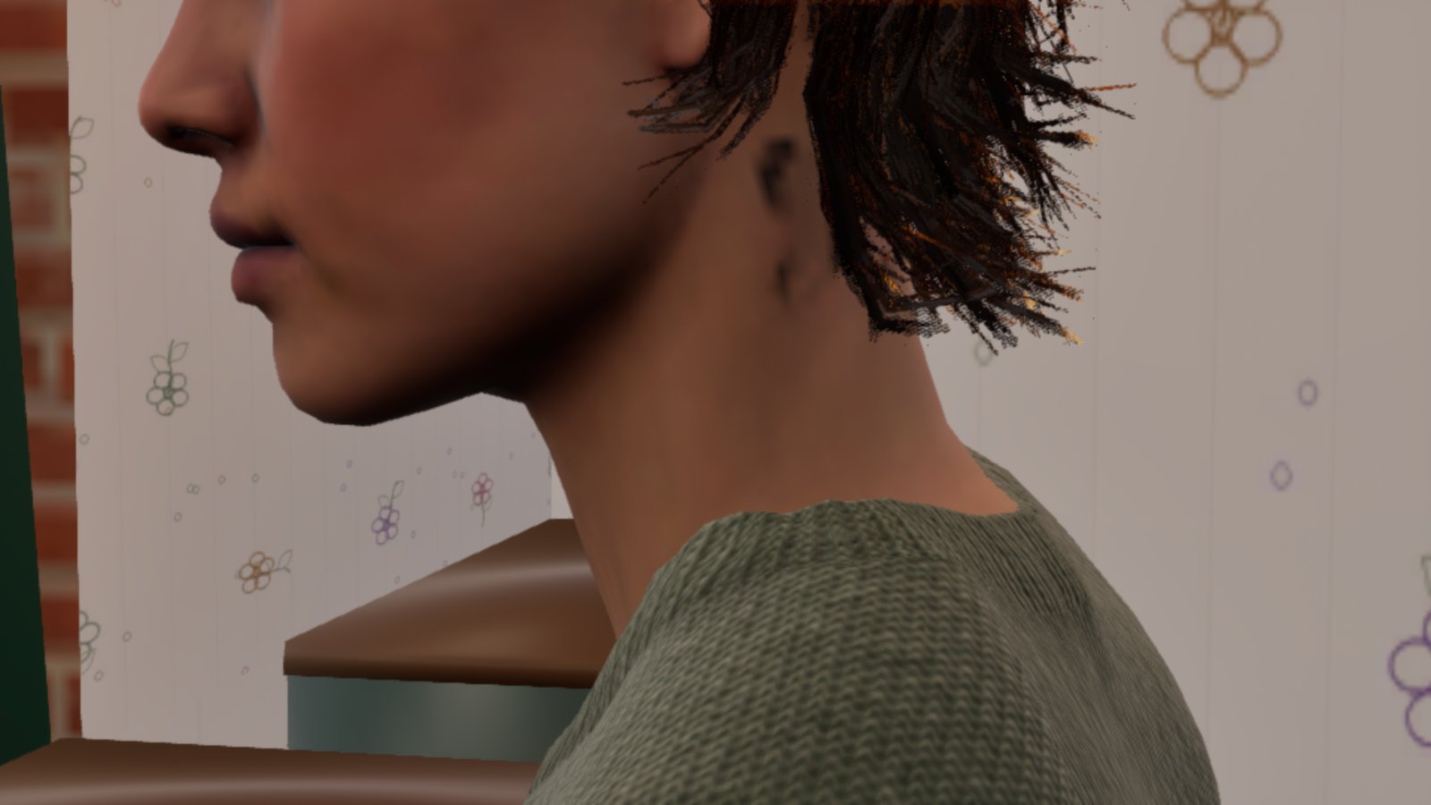 A close side view of a woman's jaw and neck in a green jumper, short dark hair falling over the back of the neck, with only a faint dark smudge under the hair behind the ear.