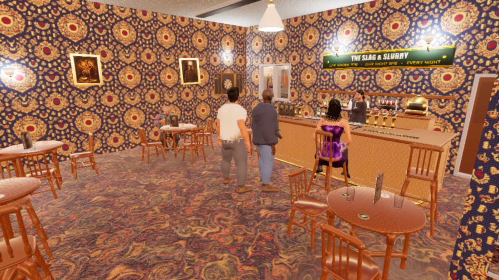 Inside a pub with loud red and gold patterned wallpaper and carpet. Two men stand at the bar, a woman in a purple dress sits on a bar stool, the barmaid is behind the pumps, and a green sign over the bar reads The Slag & Slurry.