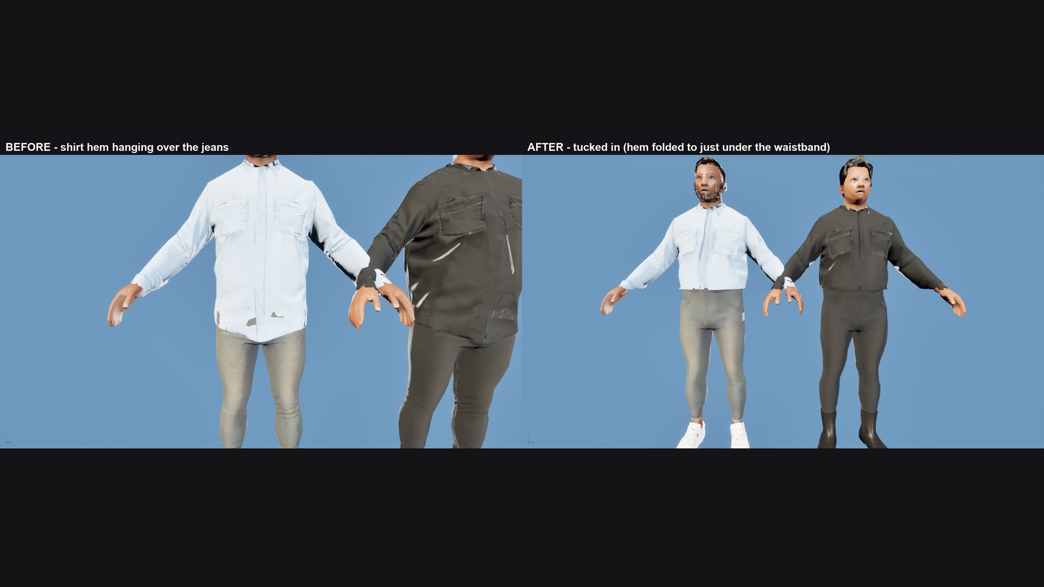 A before-and-after strip of two men in shirts and jeans. On the left the shirt hems hang loose over the waistband; on the right the hems sit tucked just under it.