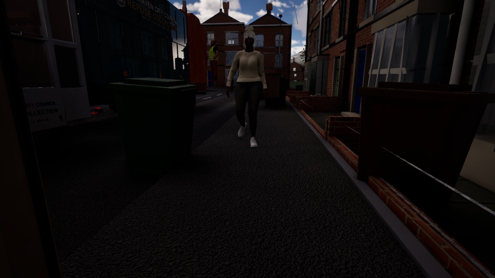 A woman in a cream jumper, dark leggings and white trainers walks towards the camera along a shaded terrace footway, low brick garden walls on the right and a green wheelie bin on the left, with a refuse depot sign and blue sky behind.