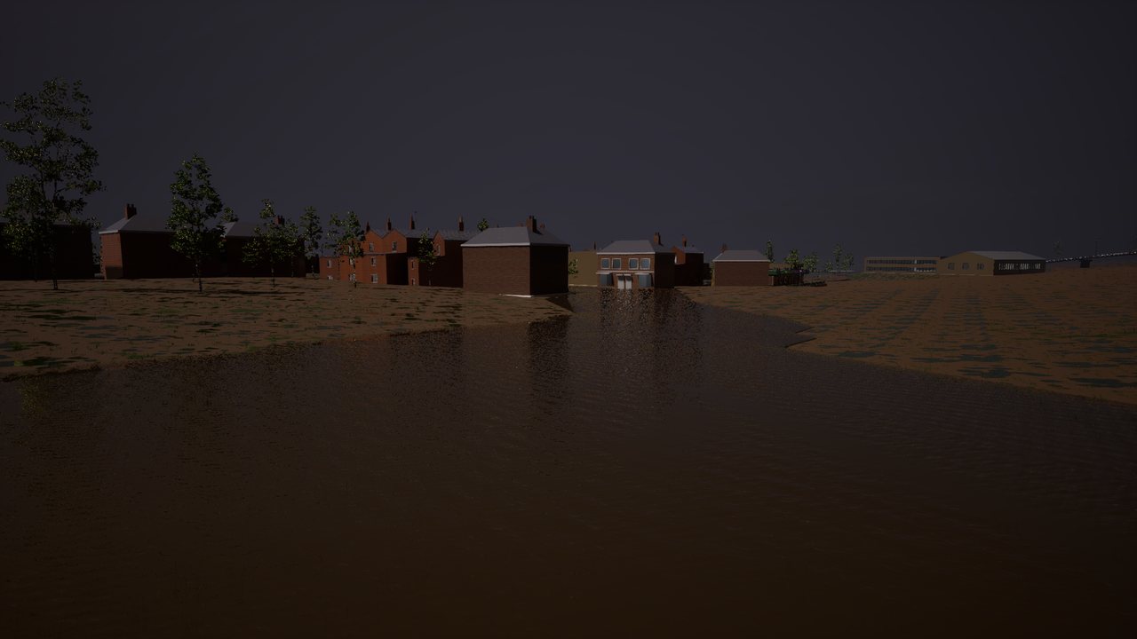 Dark floodwater pouring across low ground towards a row of red-brick houses under a storm sky, the houses reflected in the water.