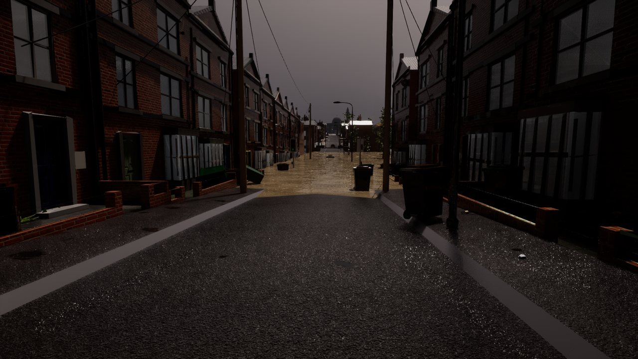 A red-brick terraced street under a dark grey sky running downhill into brown floodwater that fills the road ahead, wheelie bins standing in it.