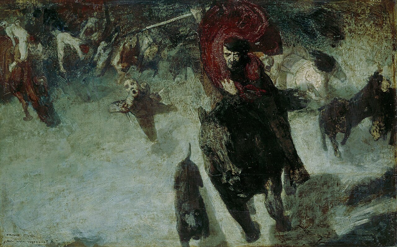 A dark expressionist painting of a wild-eyed rider in a red cloak galloping at the head of a ghostly horde.