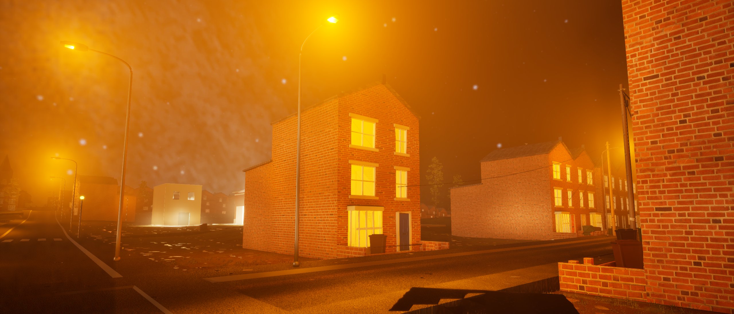 A rain-soaked terraced street in Radworth at night, sodium streetlamps glowing through the haze, lit windows and wet tarmac.