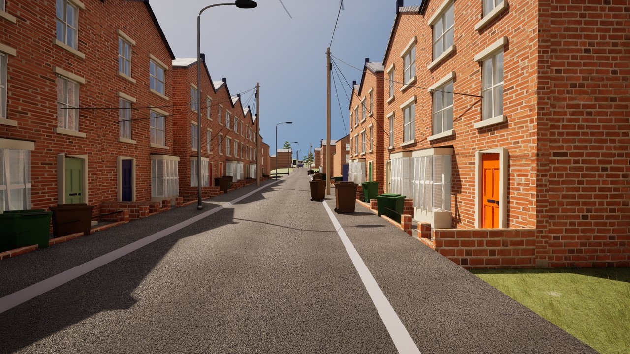 A red-brick terraced street under flat daylight, coloured front doors, telegraph wires overhead and wheelie bins out along the kerb.
