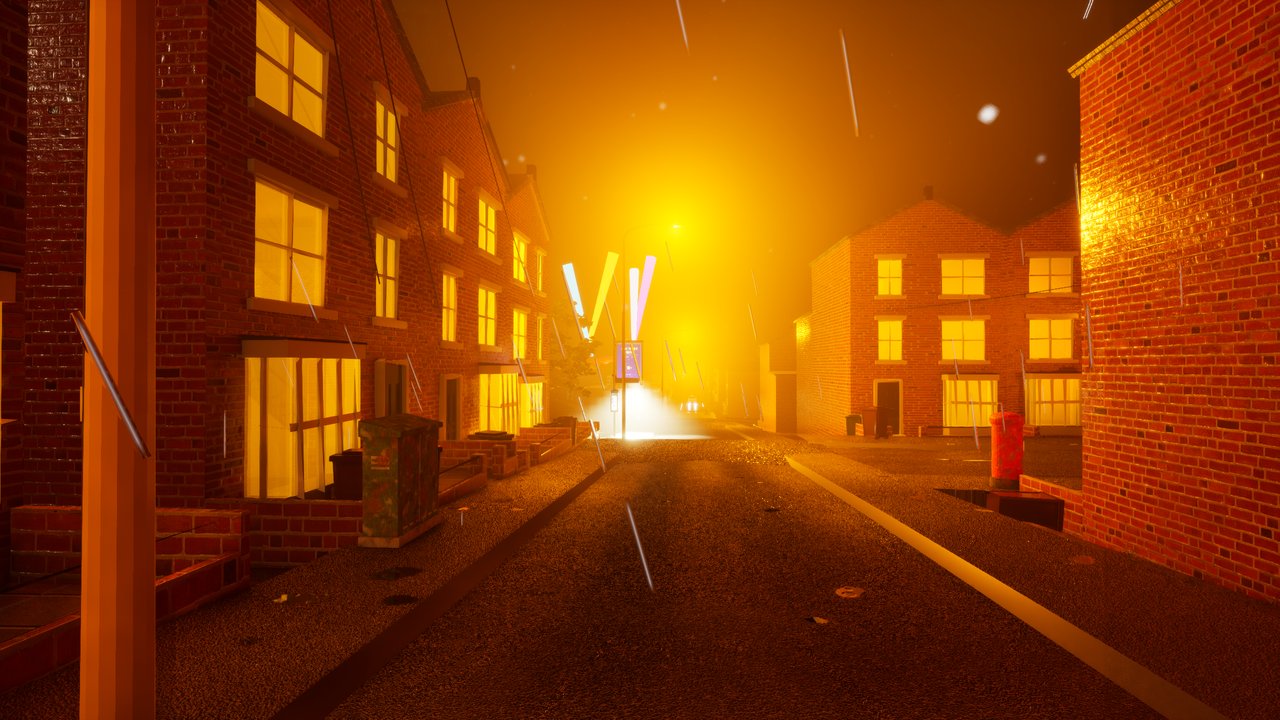 A terraced street at night under sodium streetlamps, light diffusing through haze, lit windows down the terrace and a nightclub's neon sign glowing in the distance.