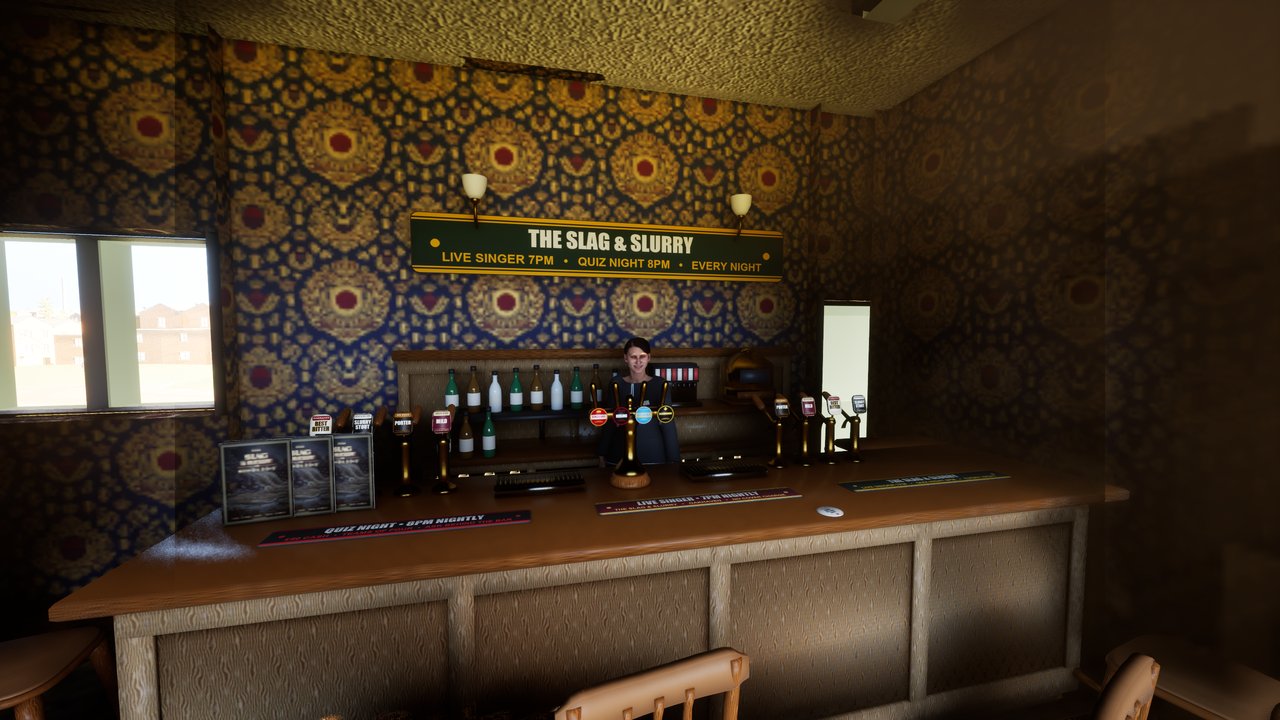 Charlotte behind the bar of the Slag & Slurry under a sign reading live singer 7pm and quiz night 8pm, beer pumps and bottles along the counter.