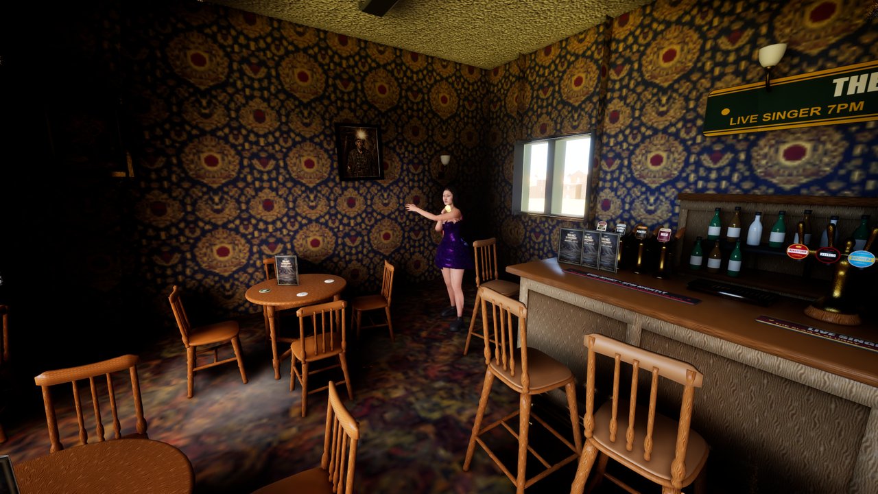 The lounge of the Slag & Slurry with patterned wallpaper and pub carpet, Samantha standing ready to sing beside the bar.