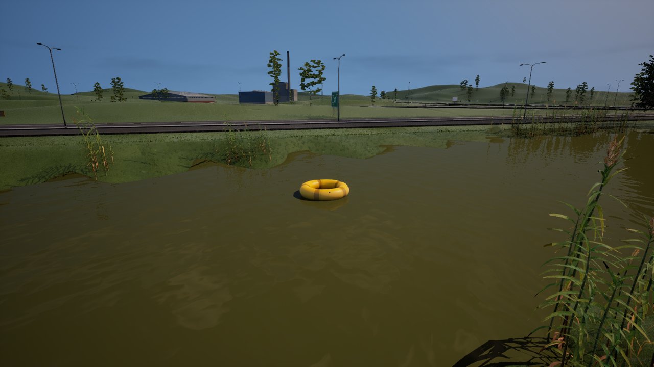 The Oakhaven river on a clear day: olive-green water, reeds along the near bank, a small yellow dinghy drifting mid-stream, and past the far bank the ring road, a row of streetlamps and the incinerator chimney.