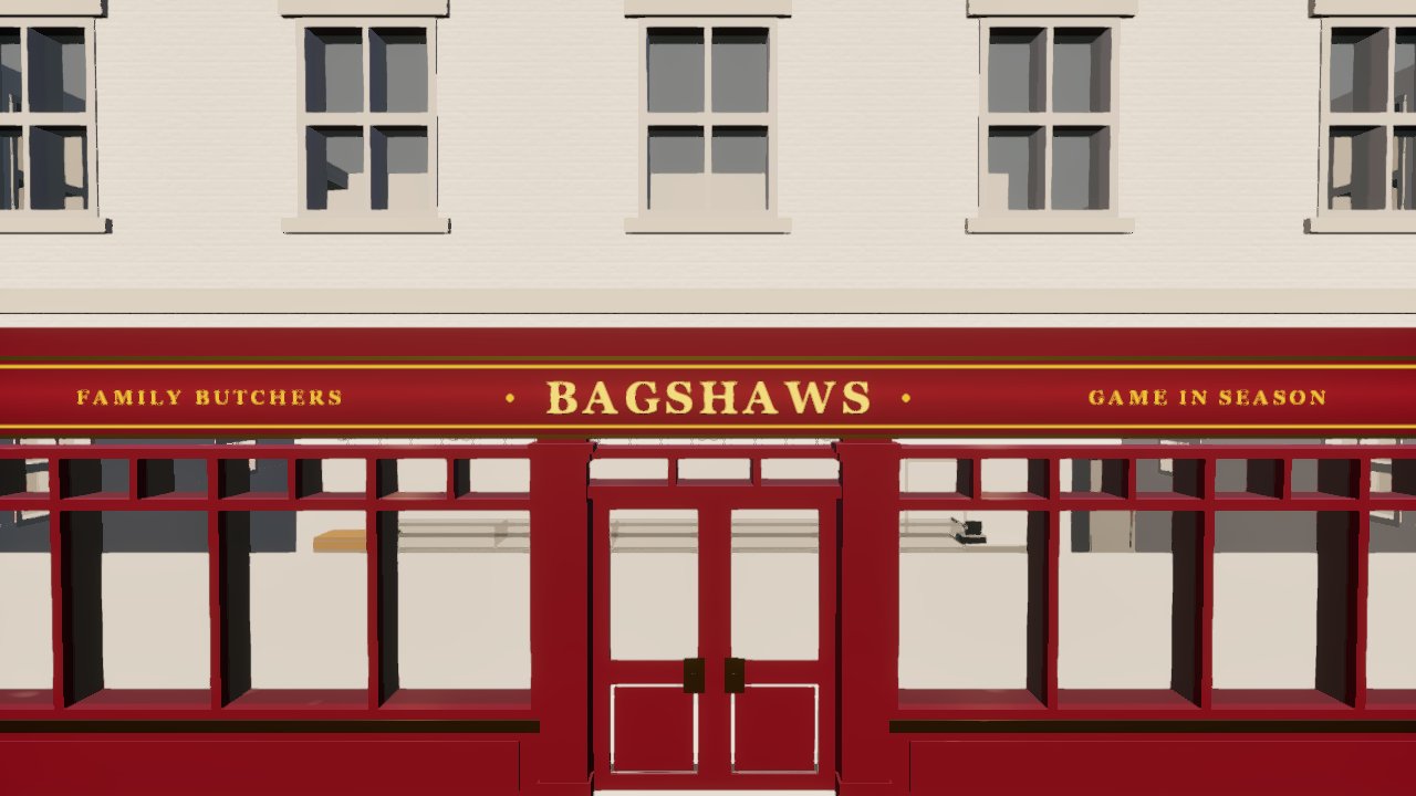 The front of a butcher's shop: an oxblood fascia lettered in gold, FAMILY BUTCHERS, BAGSHAWS, GAME IN SEASON, over red-framed windows and double doors, with white painted brick above.