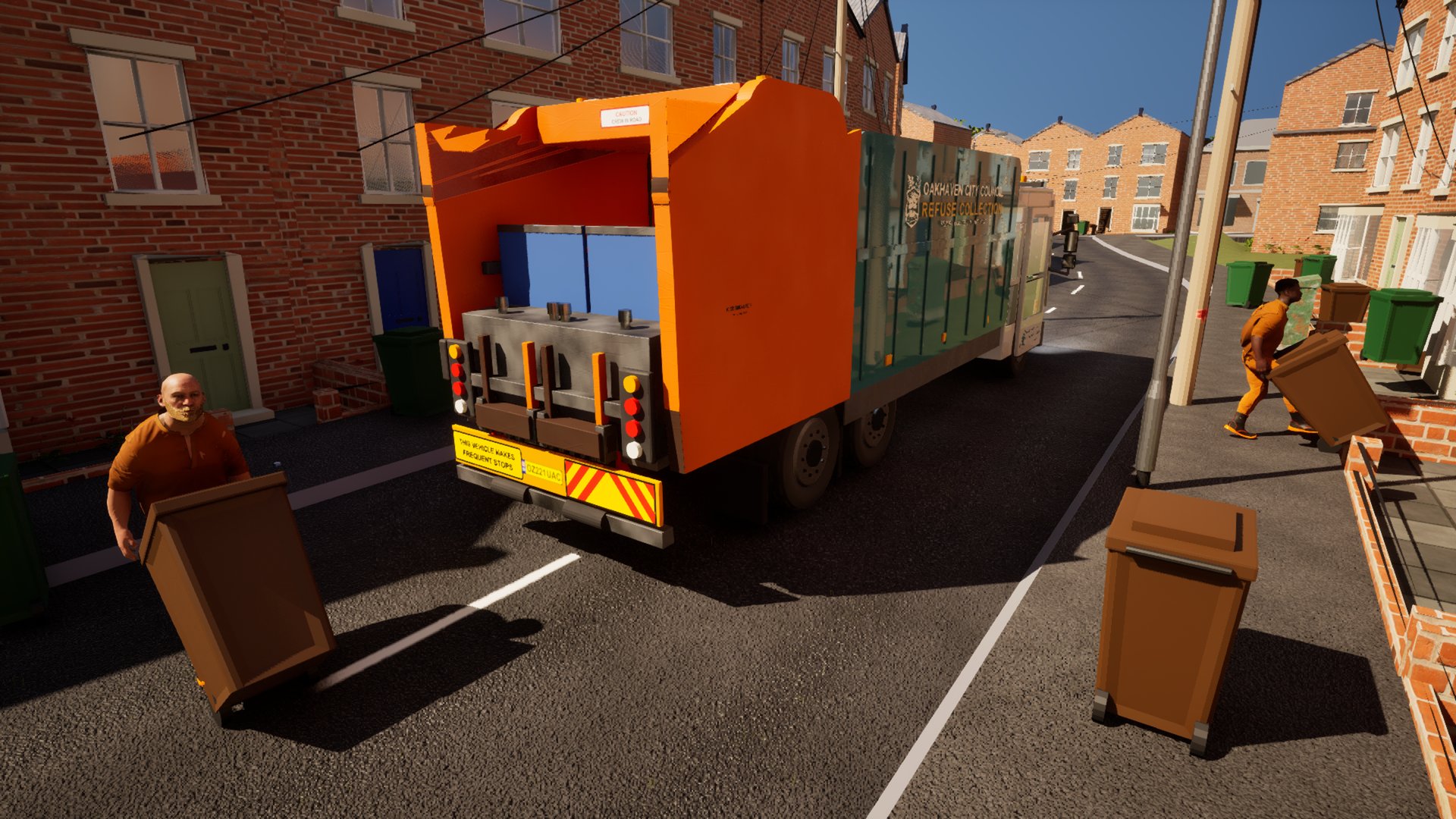 Two loaders in orange hi-vis wheel a brown and a green wheelie bin to the back of a teal council bin lorry with an orange tailgate, on a sunny terraced street.