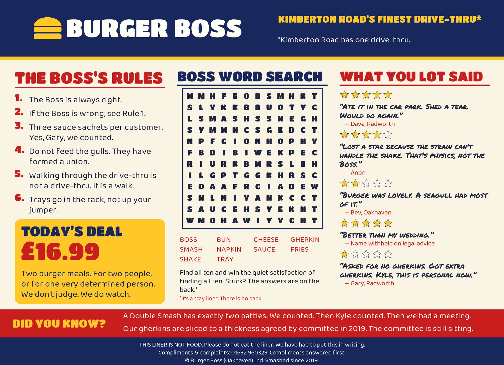 A Burger Boss paper tray liner: THE BOSS'S RULES, a TODAY'S DEAL box at 16.99 pounds, a twelve-by-twelve BOSS WORD SEARCH, WHAT YOU LOT SAID with five star-rated reviews, and a DID YOU KNOW strip along the bottom.