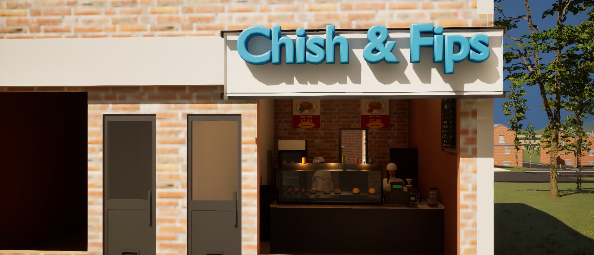 A chip shop frontage, CHISH & FIPS on a white fascia above an open serving hatch with the hot cabinet lit and staff behind the counter.