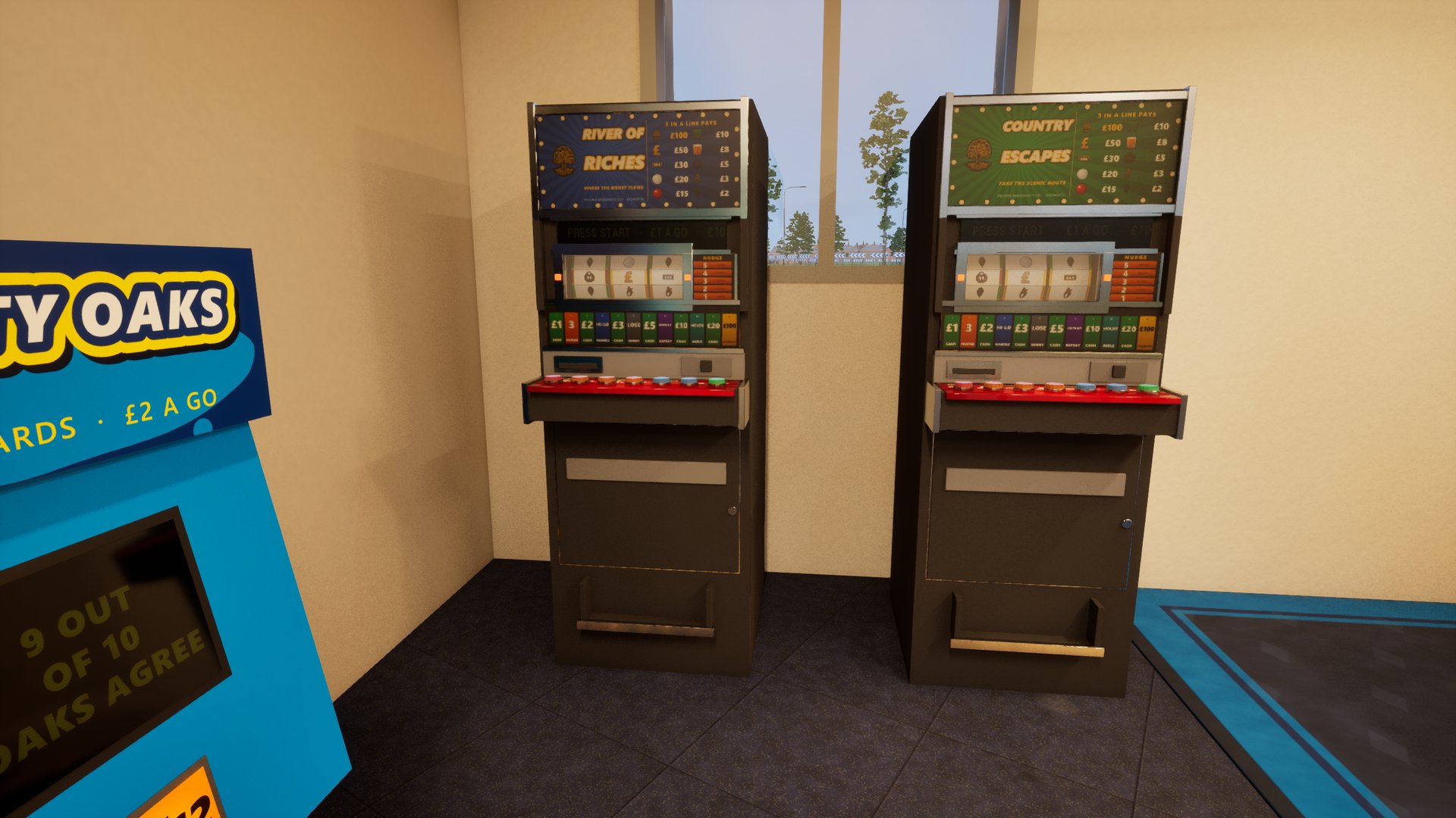 Two fruit machines side by side in Last Tenner Bets: RIVER OF RICHES in blue and COUNTRY ESCAPES in green, each with a lit paytable, three reels and a row of trail panels, and a MIGHTY OAKS scratchcard dispenser at the left edge at two pounds a go.