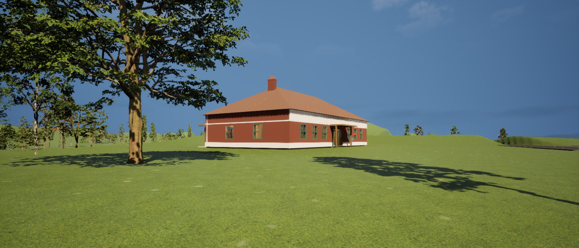 A red-brick pavilion clubhouse with a hipped roof and white trim on a grassy rise, a big oak tree to its left, under a clear blue sky.