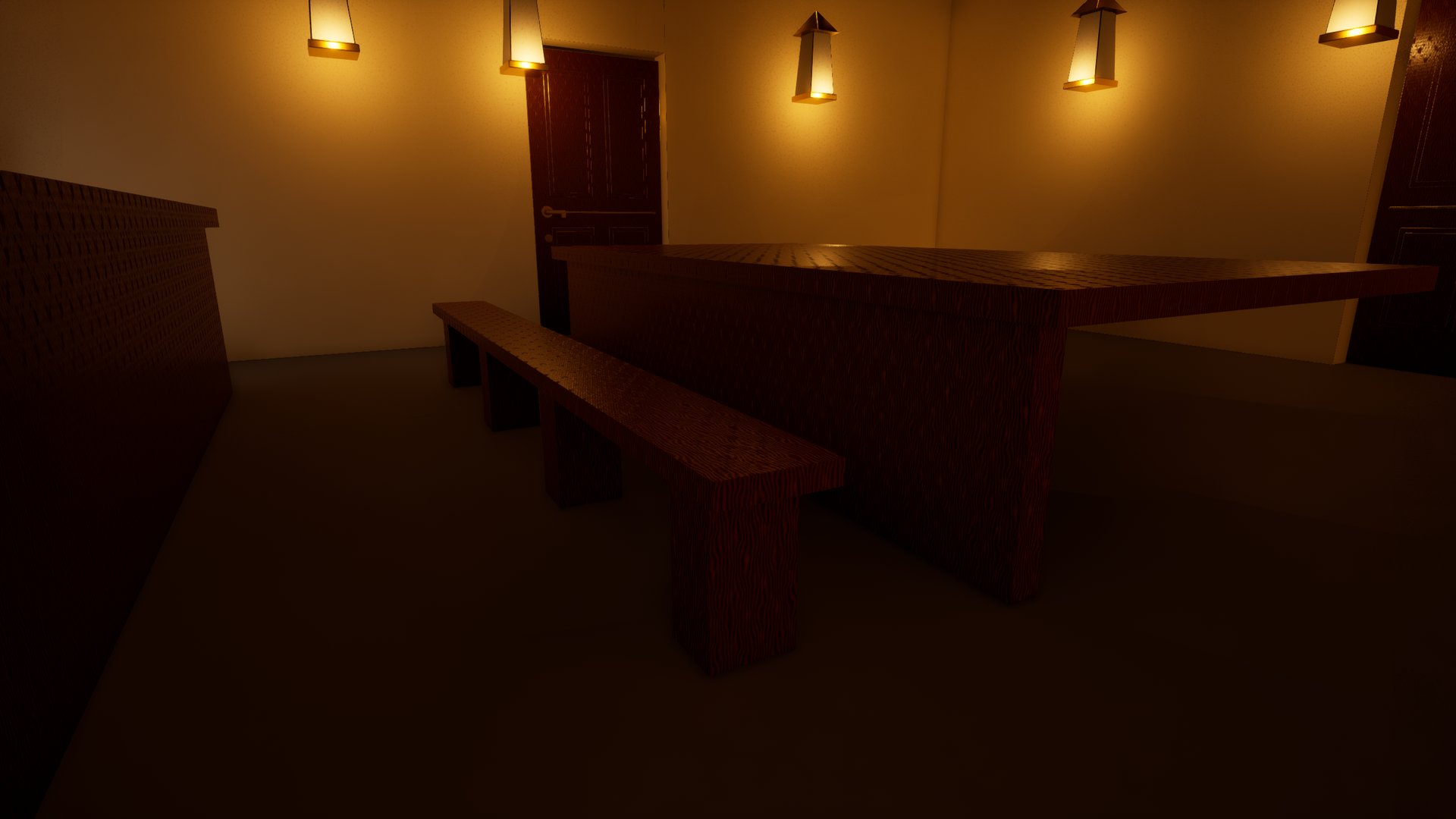 A long dining table and benches in dark wood under wall lanterns.