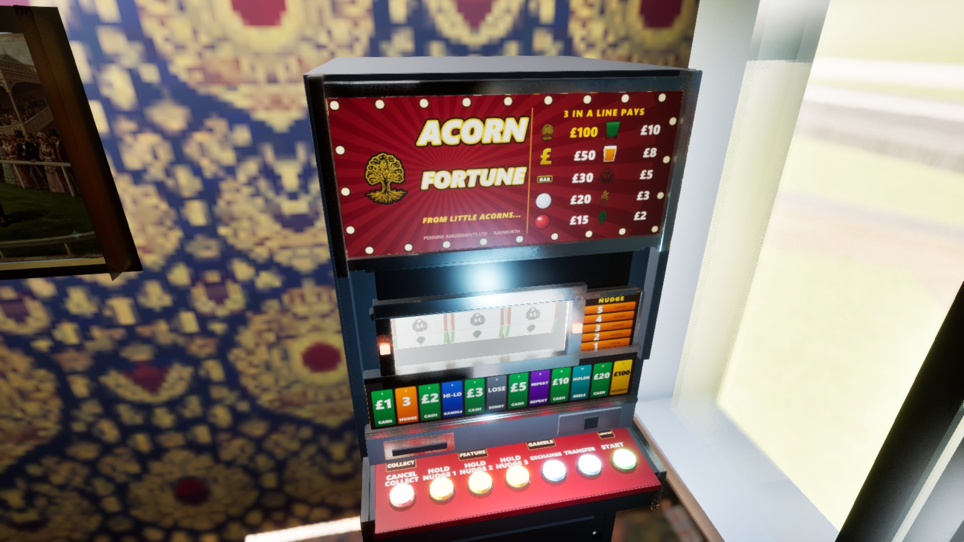 Close on the machine's face: the ACORN FORTUNE backglass with its paytable, the three-reel window, the NUDGE board beside it, the twelve-cell trail below and the lit buttons across the deck.
