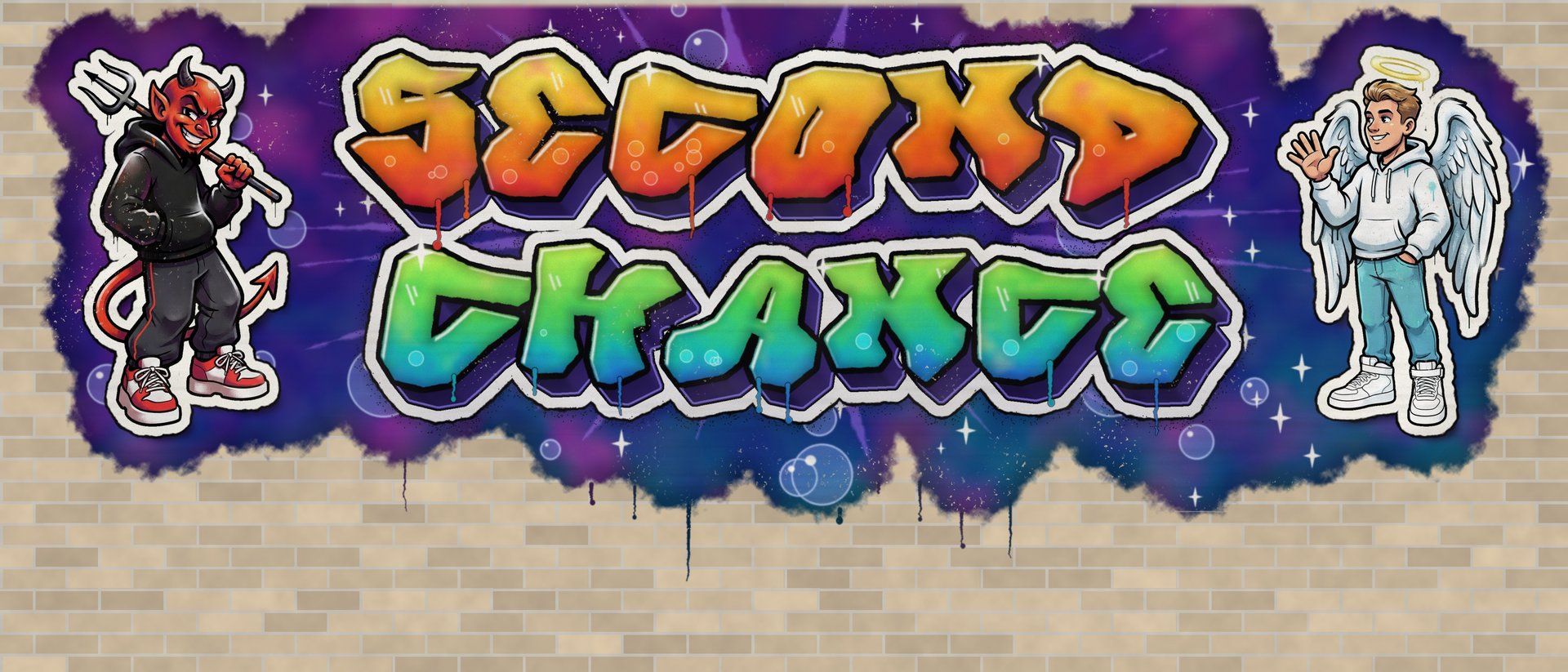A graffiti mural on a brick wall: SECOND CHANCE in dripping rainbow letters on a purple sprayed cloud, a grinning devil with a pitchfork on the left and a waving angel on the right.